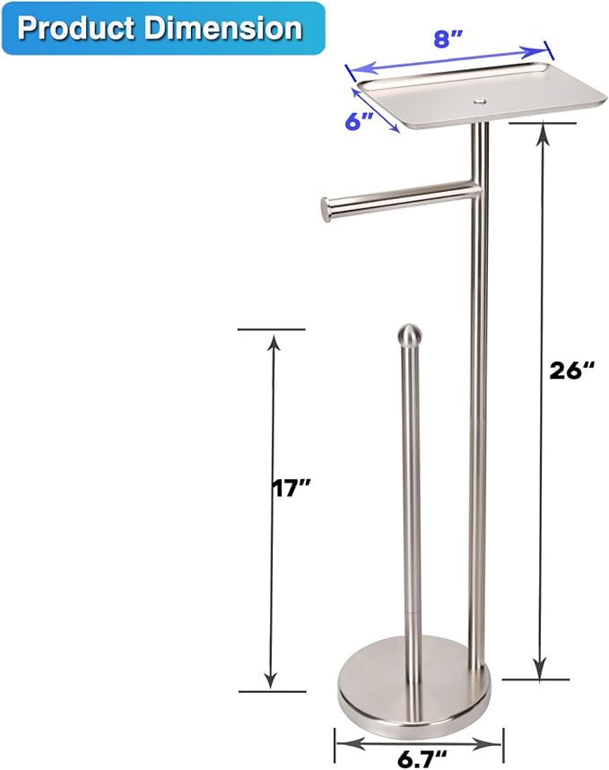 Toilet Paper Holder with Shelf, Freestanding Tissue Paper Stand with Storage Space for Extra 4 Toilet Paper Rolls (Stainless Steel Base, Brushed Nickel)