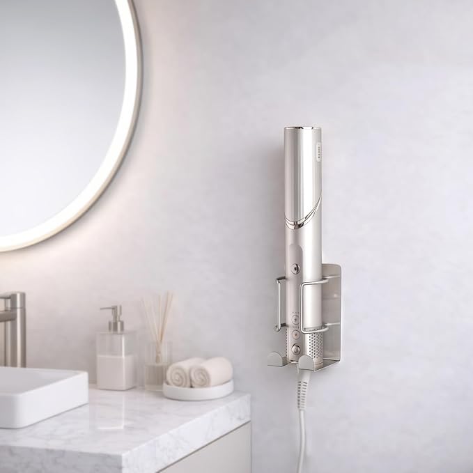 Curling Iron Holder, Stainless Steel Flat Iron Holder Wall Mount, Hair Straightener Holder for Bathroom Storage, Dyson Airstraight Holder Space Saving Silver PTALSEAW