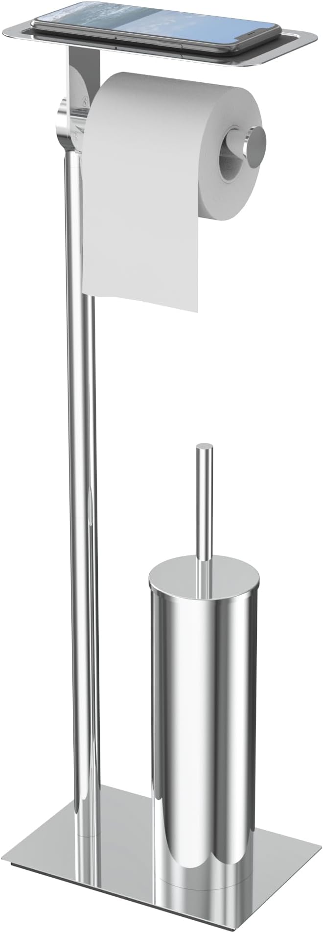 Toilet Paper Holder Stand, Free Standing Toilet Paper Holder with Shelf for Bathroom, Stainless Steel Chrome Toilet Tissue Holder with Brush and Holder Set, Weighted Base