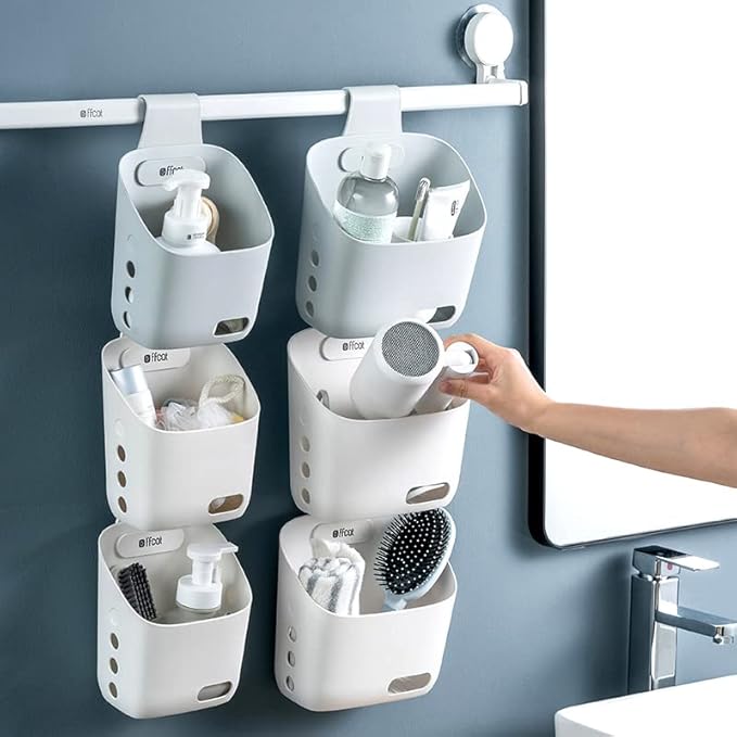 LeleCAT Plastic Hanging Basket Kitchen Storage organizer, Basket with Detachable hook, Hang it behind a door or on a railing, Over the Cabinet Door (Grey, Small-2 Pack)