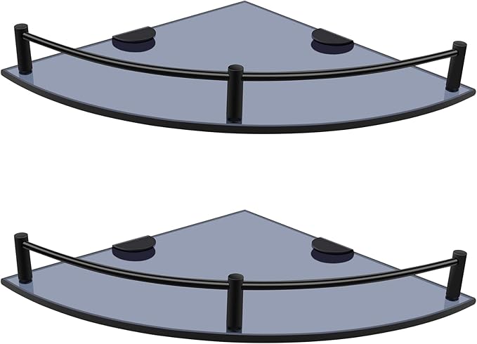 Glass Bathroom Shelves - Set of 2 Corner Shelves with Rail, Floating Glass Shelves for Bathroom, Kitchen, Living Room (Black)