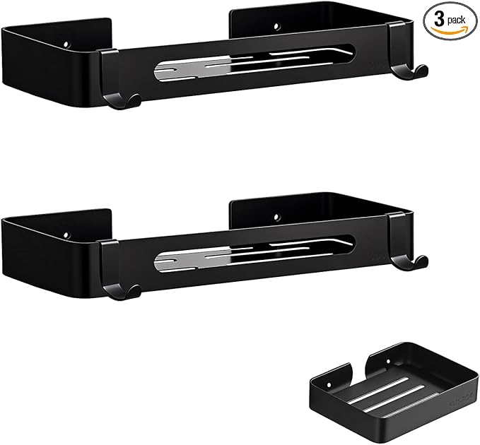 Shower Caddy Adhesive, 3 Pack Rustproof 304 Stainless Steel Bath Organizers, No-Drill Shower Shelves Soap Holder for Bathroom Storage, Black