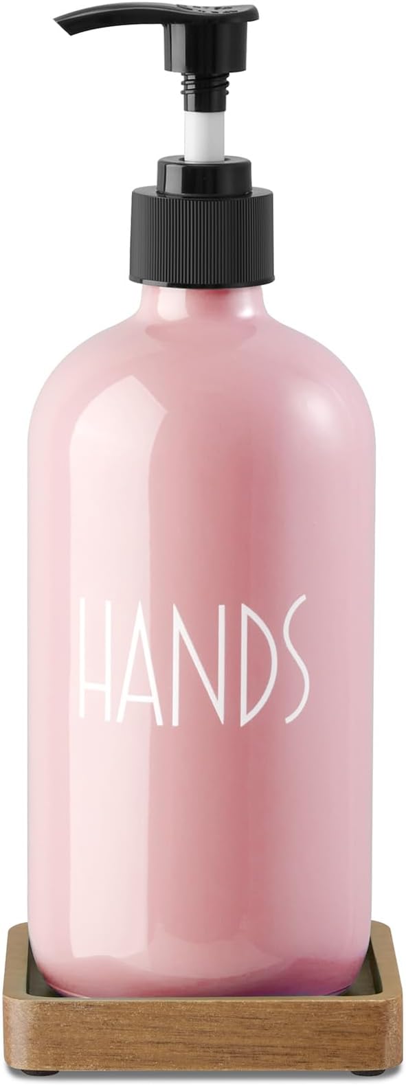Pink Glass Hand Soap Dispenser with Acacia Wood Tray, 16 oz Refillable Hand Soap Pump Bottle, Decorative Countertop Soap Dispenser Set for Kitchen, Bathroom, Restaurant