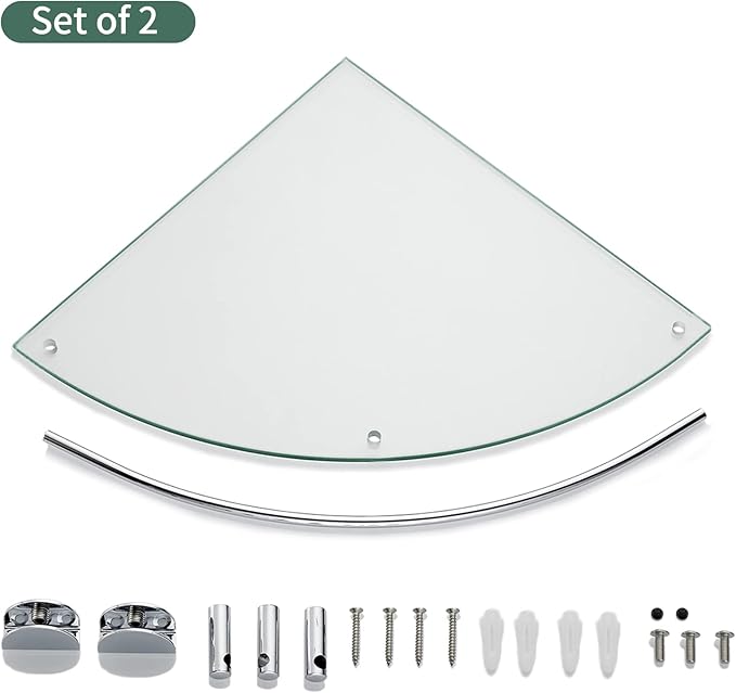Glass Bathroom Shelves - Set of 2 Corner Shelves, Shower and Wall Mount, Floating Glass Shelves for Bathroom, Kitchen, Living Room (Silver)