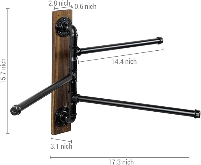 MyGift Swivel Towel Rack, Wall Mounted Towel Holder with 3 Tier Industrial Metal Pipe Towel Bars, Wooden Base Rustproof Swing Out Towel Hanger for Bathroom, Kitchen, Pool (Brown)
