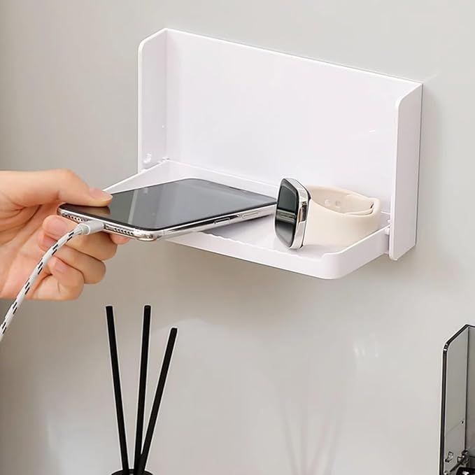White Floating Wall Shelf - Foldable, Adhesive, Stick On, Tiny, Single, Mini, Mounted for Home, Office, Phone, Remote, Earphone (2 Pcs)