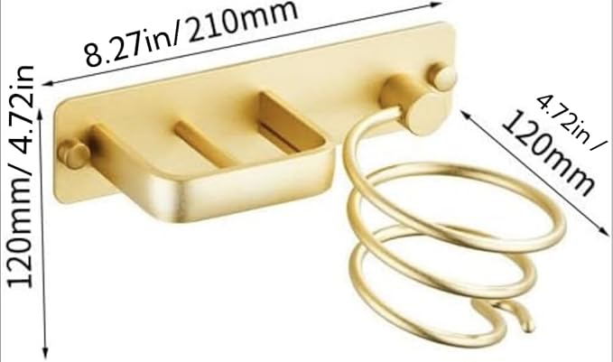 YUET Hair Dryer Holder Hairdryer Station Wall Mounted Shelf Bracket Straightener Stand Hanger Organizer Blow Storage w/Cable Tidy Rack for Dressing Table Bathroom Aluminum Professional, Gold Brass
