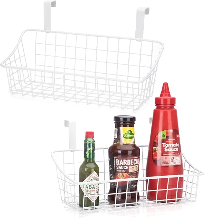White Basket with hook Grid Storage Basket, Hang it behind a door or on a railing, Over the Cabinet Door Small,2 Pack
