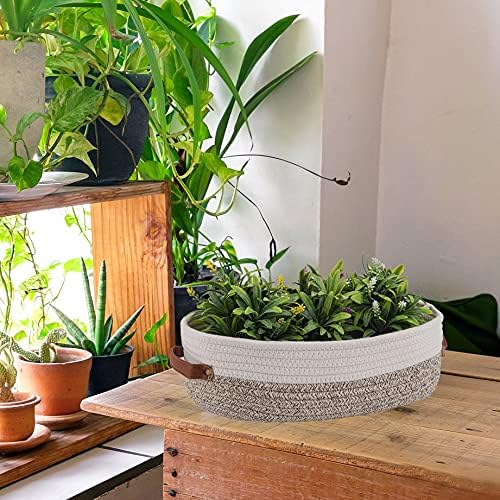 2 Pack Woven Storage Basket for Toilet Tank Top,Farmhouse Home Decor Organizing Basket for Bathroom,Table and Counter 13"x5.9"x4" Apricot Stitching White