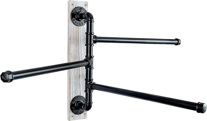 MyGift Swivel Towel Rack, Wall Mounted Towel Holder with 3 Tier Industrial Metal Pipe Towel Bars, Wooden Base Rustproof Swing Out Towel Hanger for Bathroom, Kitchen, Pool (White)