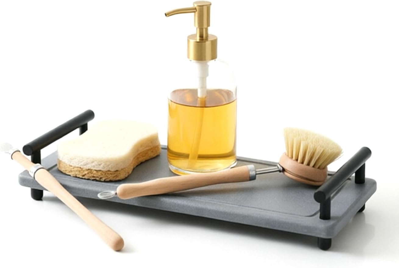 Instant Dry Sink Caddy Organizer,Diatomaceous Earth Bathroom Organizer with Handle Water Absorbing Stone Tray for Sink Water Absorbent Diatomite Coasters (S Gray Black Handle)