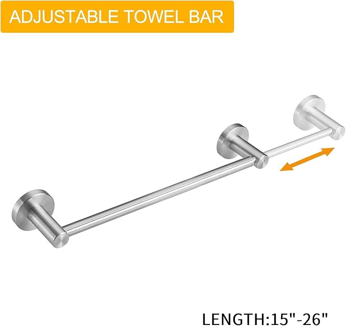 BESy Adjustable 15 to 26 Inch Single Bath Towel Bar for Bathroom SUS304 Stainless Steel Towel Holder, Wall Mount with Screws Hand Towel Bar Rod Hotel Style, Brushed Nickel