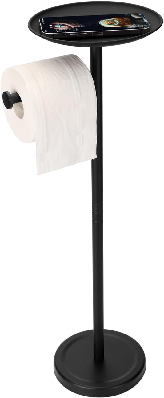 Tofix Freestanding Toilet Paper Holder with Shelf and Tray, Stainless Steel Base, Black