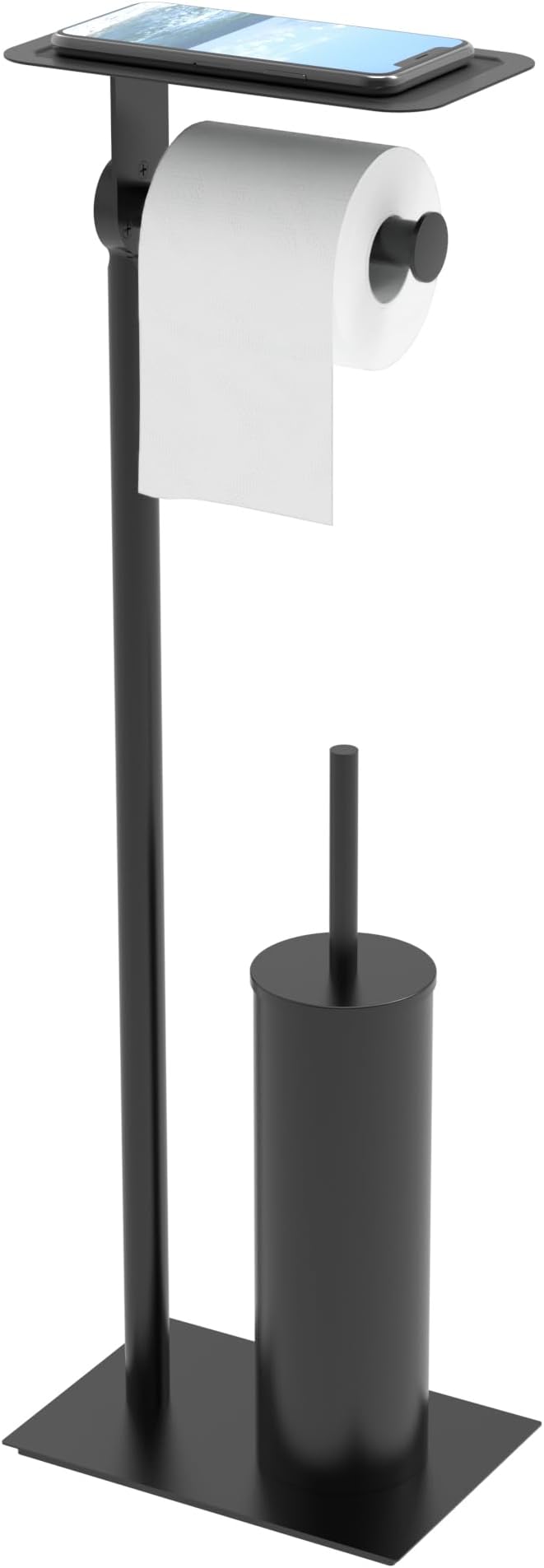Toilet Paper Holder Stand, Free Standing Toilet Paper Holder with Shelf for Bathroom, Stainless Steel Matte Black Toilet Tissue Holder with Brush and Holder Set, Weighted Base