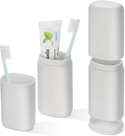 Travel Toothbrush and Toothpaste Case, 2 in 1 Gray Toothbrush Holder and Rinse Cup, Large Capacity Toothbrush Cup with Cover, Portable Toothbrush Holder for Traveling, Camping, Trip