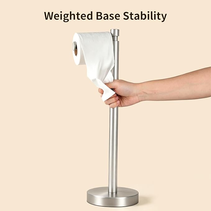 YUMORE Toilet Paper Holder Stand, 4.4lbs Heavy Duty Stainless Steel Free Standing Bathroom Tissue Roll Holder, Brushed Nickel