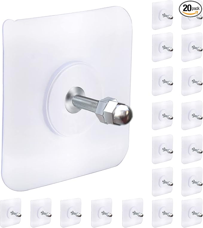 AIERSA Heavy Duty Adhesive Hooks, Wall Hooks for Hanging, Screw Free Sticker, Seamless Screws for Wall Mount, 2 in 1 Reusable, White, 20 Pcs, 16mm