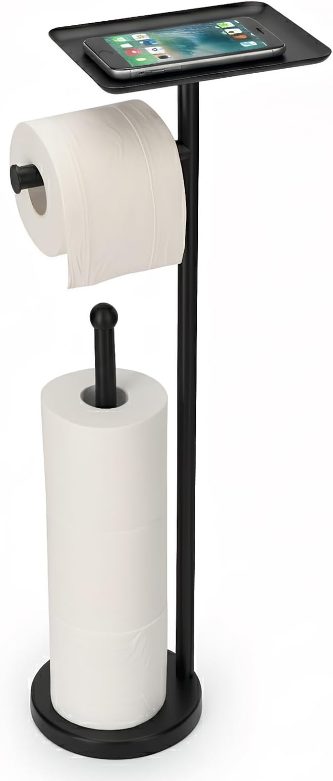 Toilet Paper Holder with Shelf, Freestanding Toilet Paper Stand with Storage Space for Holding Extra 4 Toilet Paper Rolls (Stainless Steel Base, Black)