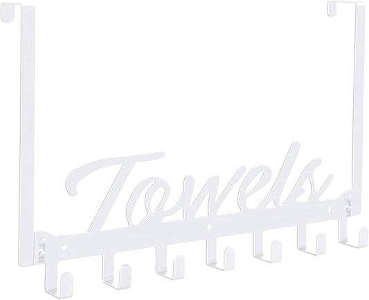 Azmoncy Over The Door Hooks, Heavy Duty Towel Rack with 7 Coat Hooks for Bedroom Bathroom Pool Kitchen Towels and Bags (White)