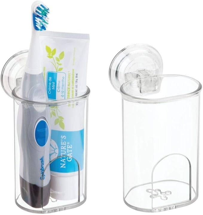 mDesign Compact Plastic Suction Storage Center for Bathroom Organization of Toothbrushes, Electric Toothbrushes, Razors - 2 Pack - Clear