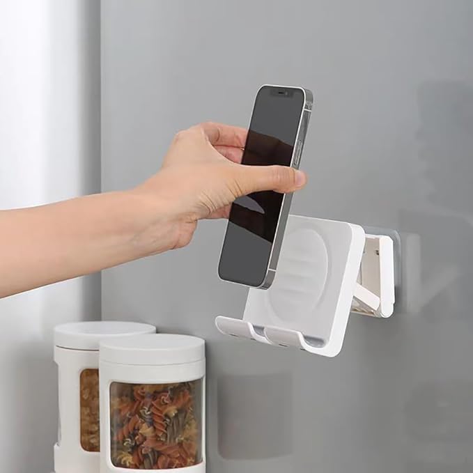 Wall Mount Shower Phone Holder with 3pcs Adhesive Stickers | Adjustable and Removable Phone Stand for Bathroom Kitchen | Cellphone Holder for iPhone Samsung Galaxy Tablet Switch - Black