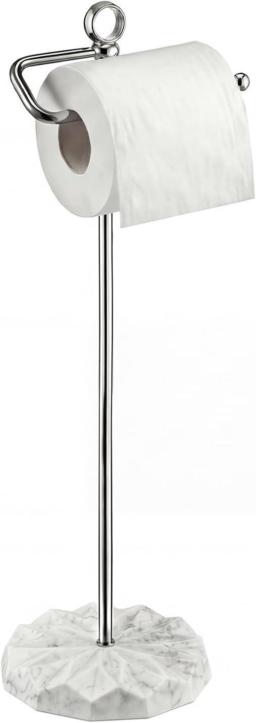 ROLABAM Modern Free Standing Toilet Paper Holder with White Marble Pattern Weighted Base, Brushed Nickel Rustproof Metal Tissue Stand, Decorative Bathroom Floor Roll Holder