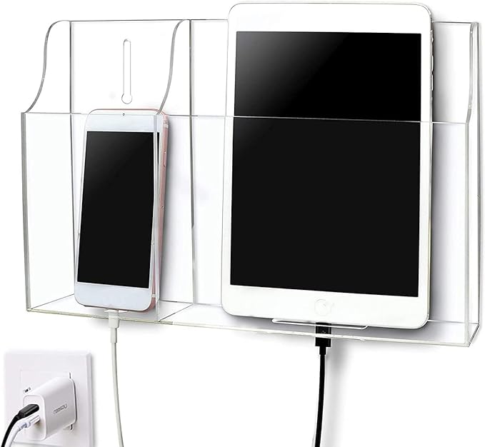 Clear Wall Tablet Holder Acrylic Wall Mounted Phone Holder for iPad, Remote Control Holder Laptop Stand for eReader Storage Caddy with Charging Holes for Kindle iPhone