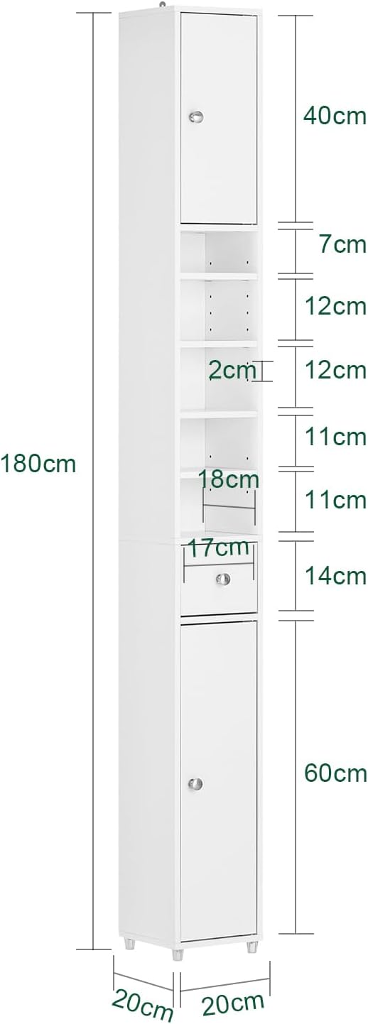 SoBuy Bathroom Narrow Storage Cabinet, Skinny Tall Unit with Adjustable Shelves Slender, Slim Bathroom Organizers and Storage, Anti-Tipping Thin Floor Standing Cupboard Laundry Room, White BZR34-W