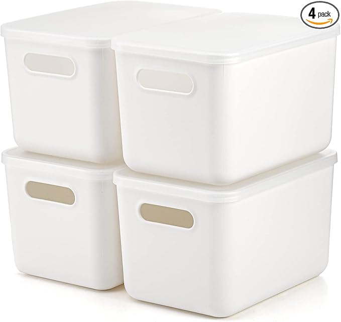 Lawei 4 Pack Plastic Storage Bins with Lid, White Stackable Storage Basket Organizer Box, Sturdy Containers Organizing Lidded Bins for Shelves, Cabinet, Desk, Pantry, Bedroom, Book, Toys