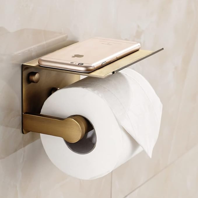 Antique Bronze Toilet Paper Holder Wall Mount with Shelf - No Drill 3M Adhesive or Screw Mount Bathroom Tissue Paper Dispenser-Aluminum Storage Rack for Phone, Wipes, Soap-Modern Bathroom Organizer