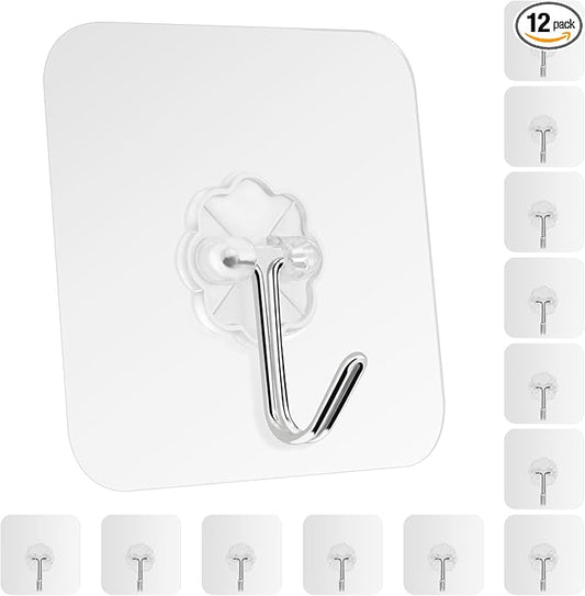 Adhesive Wall Hooks for Hanging Heavy Duty 22lb(Max) Hooks for Walls No Damage, Towel Sticky Clear Hooks, Waterproof, Home, Bathroom, Kitchen, Office, and Outdoor, Set of 12