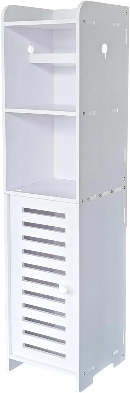 BorealBear Slim Bathroom Cabinet with Toilet Paper Holder Spindle, Fits Mega & Super Mega Rolls, Narrow Freestanding Floor Cabinet with Door and Shelves, Anti-Tip Wall Anchor Included