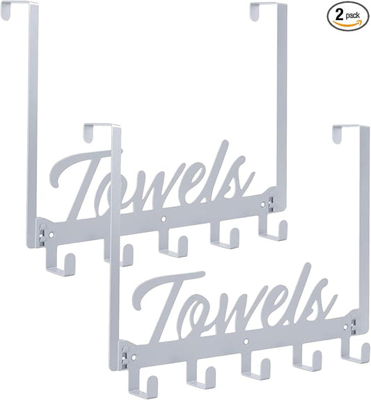Azmoncy 2 Pack Over The Door Hooks, Towel Rack for Bathroom Towel Holder for Hanging Heavy Duty,Over Door Hanger with 10 Coat Hooks for Bedroom Bathroom Kitchen, Silver
