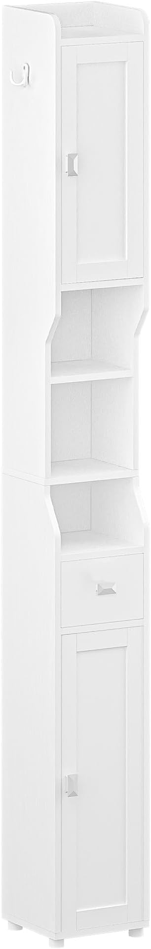 HEXCELEN Bathroom Storage Cabinet, Narrow Tall Bathroom Cabinet, Freestanding Floor Cabinets with 2 Doors and 1 Drawer, Toilets Organizer with Adjustable Shelf, 1 Hook for Small Spaces, White