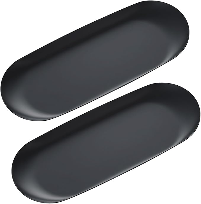 2 Pack Stainless Steel Decorative Tray, 12 Inch Oval Vanity Tray for Jewelry, Small Storage Plate for Cosmetics Organizer Bathroom Key Candle (Black)