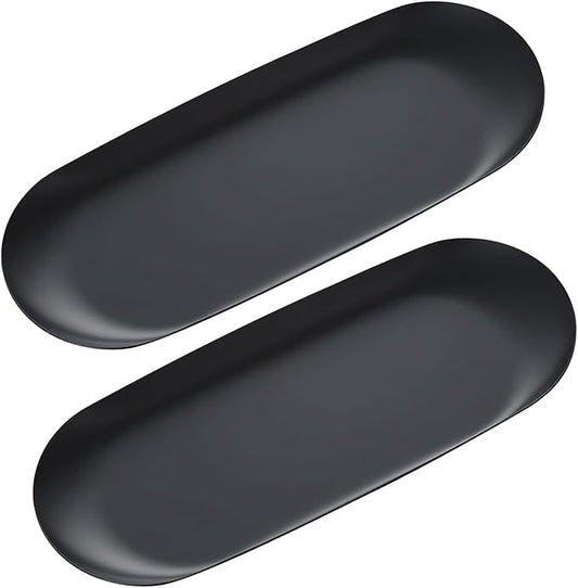 2 Pack Stainless Steel Decorative Tray, 12 Inch Oval Vanity Tray for Jewelry, Small Storage Plate for Cosmetics Organizer Bathroom Key Candle (Black)