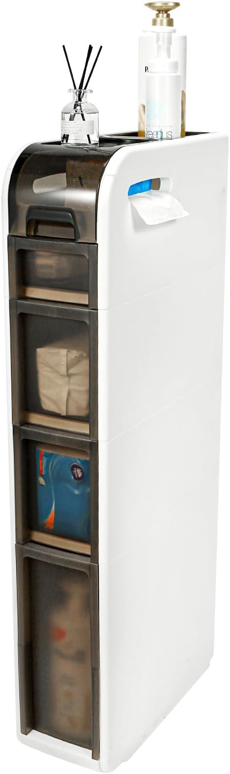 4-Tier Bathroom Floor Cabinet, Narrow Bathroom Storage Cabinet, Mobile and No Installation Required, Perfect for Small Space Laundry Rooms, Toilet Areas, and Living Room Gaps