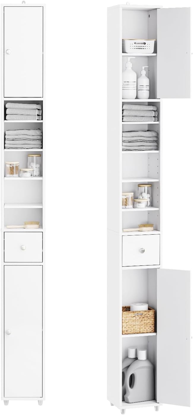 SoBuy Bathroom Narrow Storage Cabinet, Skinny Tall Unit with Adjustable Shelves Slender, Slim Bathroom Organizers and Storage, Anti-Tipping Thin Floor Standing Cupboard Laundry Room, White BZR34-W