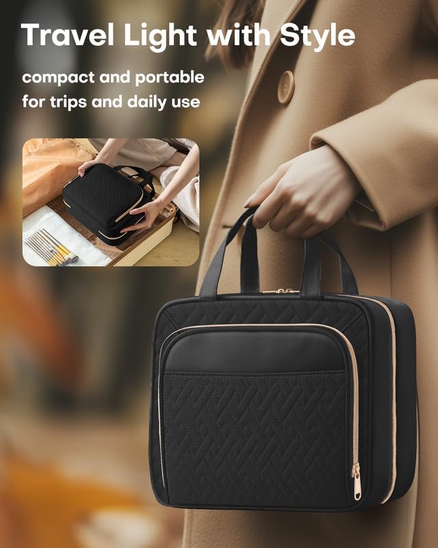 HOTOR Travel Toiletry Bag for Women & Men, Waterproof Makeup Bag with Hanging Hook and Multiple Pockets, Cosmetic Bags for Women, Travel Essentials, 11.2'' x 3.2'' x 8.9'', Black