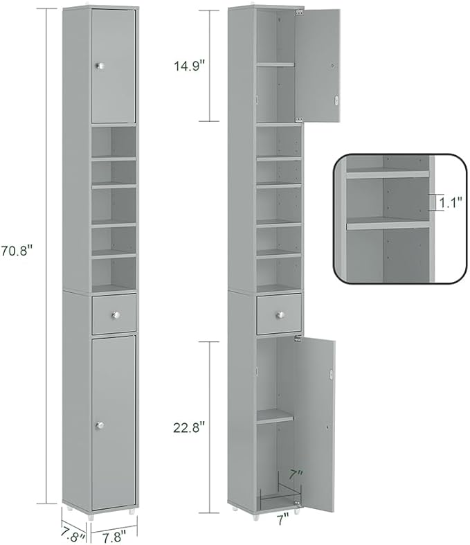 Haotian Bathroom Narrow Storage Cabinet Skinny Tall Unit with Adjustable Shelves Slender Anti-Tipping Floor Standing Cupboard, Gray BZR34-HG