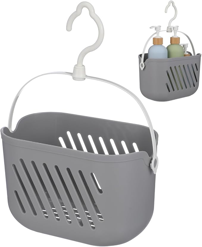 Gatuida Plastic Hanging Basket for Shower, Hanging Shower Caddy, Portable Storage Basket Kitchen Organizer with Hook for Bathroom Kitchen, 8.3 x 5.5 x 5.1 Inch (Grey)