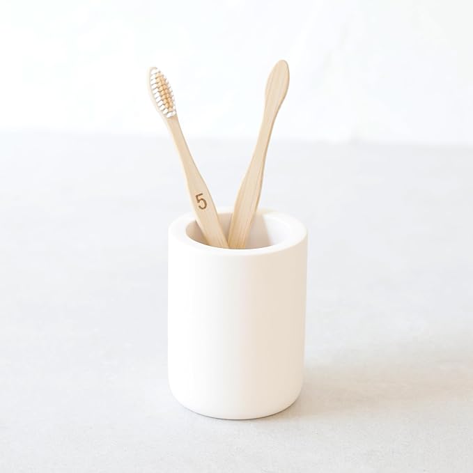 Selegna Diatomite Drying Stone Toothbrush Holder, Modern Ceramic-Look Countertop Cup with Drainage for Bathroom, Quick Drying Electric Toothbrush & Toothpaste Organizer, Stoneware Finish