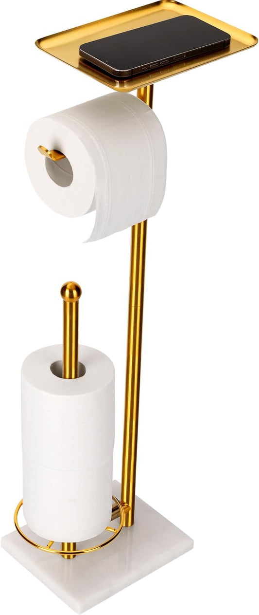 Toilet Paper Holder with Tray at The Top, Sturdy Marble Base No Wobby, Holding Extra 3 Toilet Paper Rolls As Spare Use, Freestanding No Drilling (Gold)