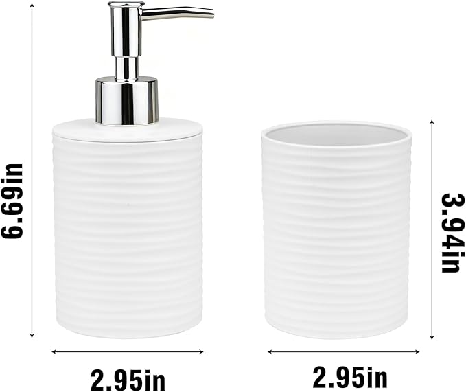 Bathroom Accessories Set, 2-Piece White Soap Dispenser & Toothbrush Holder with Ripple Texture & Rust-Proof Pump, Modern Matte Organization