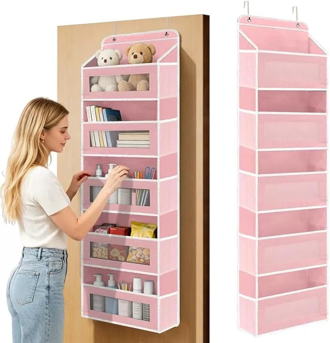 SWIND Over the Door Organizer 5-Tier, Heavy Duty Behind Door Storage, Anti-Tilt Capacity, Door Hanging Organizer with Clear Window for Closet, Bathroom, Nursery, Bedroom, Pantry, Shoe Diaper (Pink)