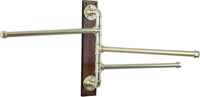 MyGift Swivel Towel Rack, Wood Towel Bar Holder with 3 Tier Industrial Metal Pipe, Wall Mount Towel Hanger Storage for Bathroom, Kitchen, Pool Outdoor (Brass)