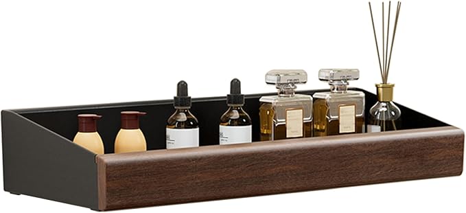 12 Inch Black Wall Shelves for Wall, Adhesive Floating Shelves with 1 Inch Height Wooden Decor Panel, Plastic Adhesive Shelves Shower Organizer for Living Room, Bedroom, Office and Kitchen