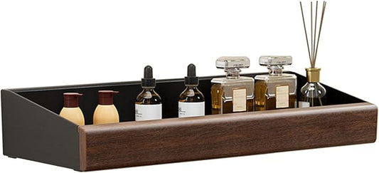 12 Inch Black Wall Shelves for Wall, Adhesive Floating Shelves with 1 Inch Height Wooden Decor Panel, Plastic Adhesive Shelves Shower Organizer for Living Room, Bedroom, Office and Kitchen