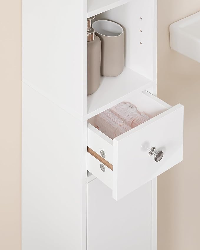 Haotian Bathroom Skinny Tall Storage Cabinet, Slim Stand Narrow Tower Cabinet with Adjustable Shelves for Small Spaces, White BZR167-GW