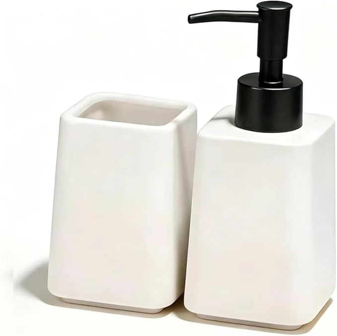 White Bathroom Accessories Set 2Pieces,Ceramic Soap Dispenser and Toothbrush Holder,Modern Decor Bath Set with Toothbrush Cup